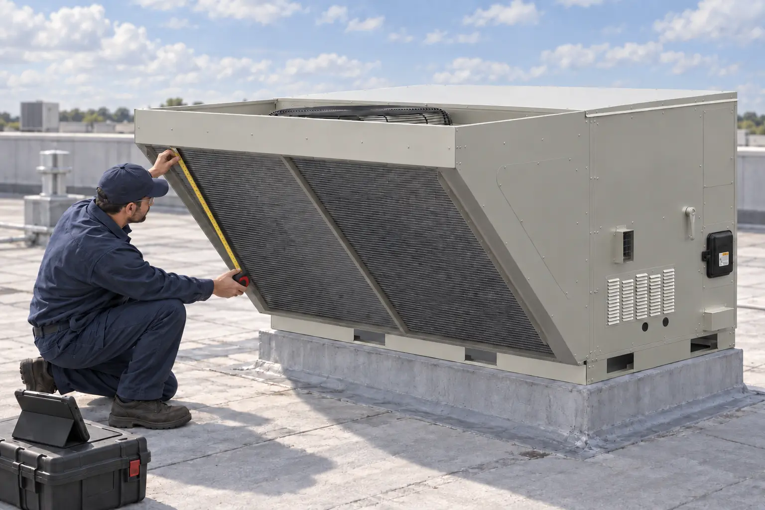 Técnico midiendo el marco del coil de un equipo comercial de climatización en una azotea