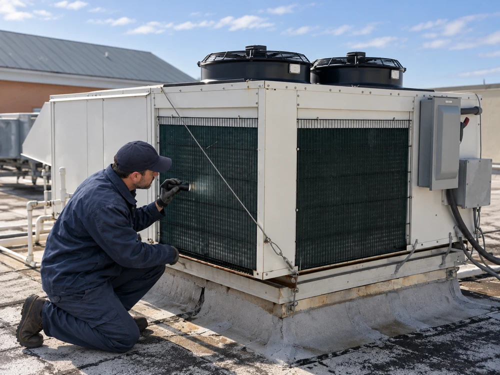 Técnico de servicio inspeccionando un equipo comercial en una azotea con dos ventiladores de condensación