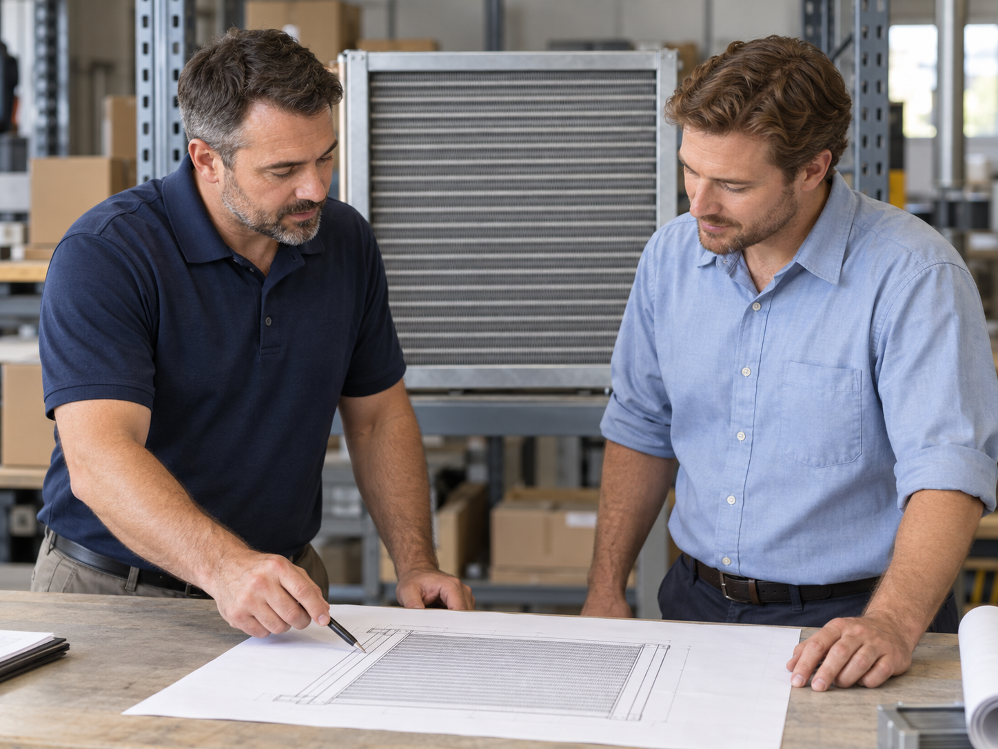 Dos representantes revisando el plano de un coil en el mostrador de un almacén