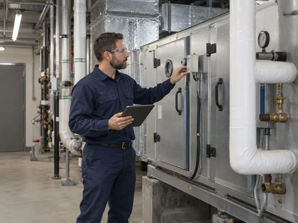 Técnico de instalaciones inspeccionando una unidad manejadora de aire en una sala mecánica