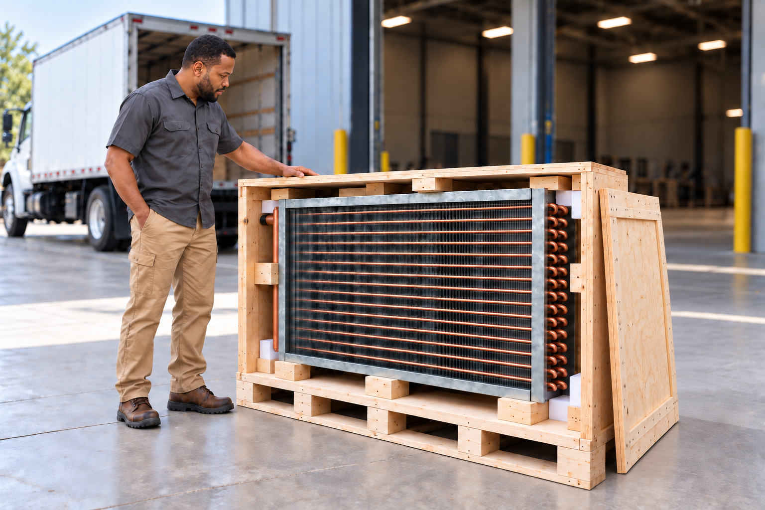 Trabajador inspeccionando un coil de agua helada en una caja de madera abierta en el área de recepción de una fábrica